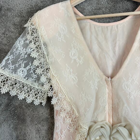 Vintage 80s Pink Peach Lace Dress Victorian Frilly Rosette Coquette Cottage Prom - Picture 7 of 15